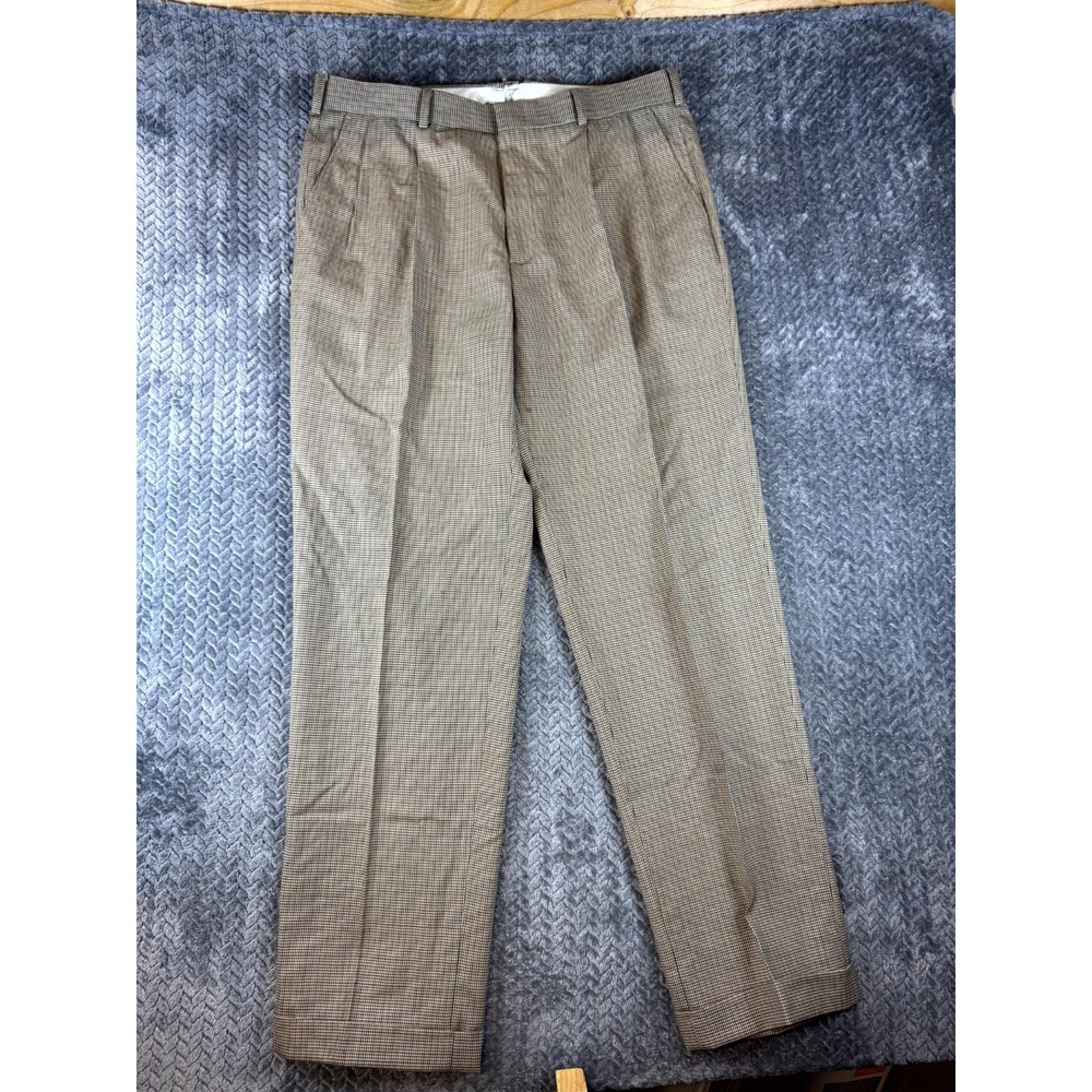 Lands' End Traditional Fit Dress Pants Mens 34 Brown Houndstooth Pleated Formal